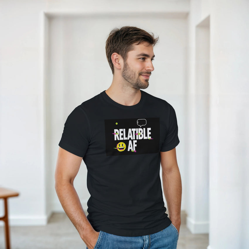Relatable AF Black T-Shirt with Happy Face and Digital Distortion Design